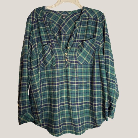 Torrid Harper Black Watch Plaid Tunic Shirt | Plus Size 2X Green & Blue Flannel - Picture 1 of 6